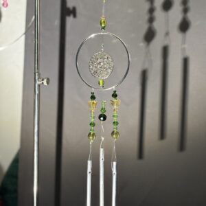 Silver Deco Center Piece with Green & Yellow Beads and Wind Chimes
