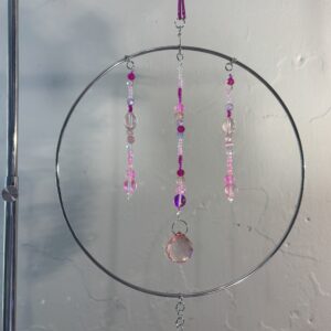 Silver Ring With Pink Beads & Pink Prism