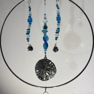 Silver Ring with Blue Beads, Blue Prism, & Sand Dollar Accent